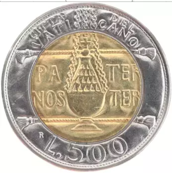 Монета 500 лир Ватикана 1993 года Биметалл Иоанн Павел II