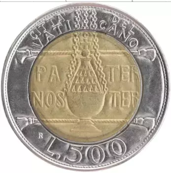 Монета 500 лир Ватикана 1993 года Биметалл Иоанн Павел II