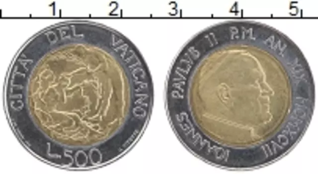 Монета 500 лир Ватикана 1997 года Биметалл Иоанн Павел II