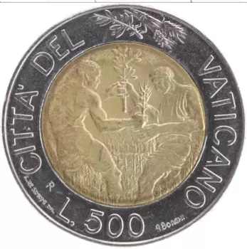 Монета 500 лир Ватикана 1998 года Биметалл Иоанн Павел II