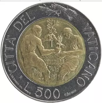 Монета 500 лир Ватикана 1998 года Биметалл Иоанн Павел II