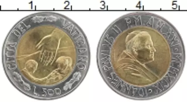 Монета 500 лир Ватикана 1999 года Биметалл Иоанн Павел II