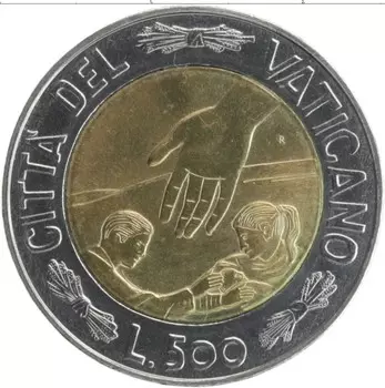 Монета 500 лир Ватикана 1999 года Биметалл Время выбора, время надежд