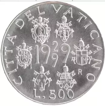 Монета 500 лир Ватикана 1999 года Серебро Иоанн Павел II