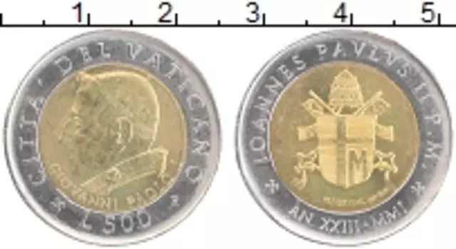 Монета 500 лир Ватикана 2001 года Биметалл Иоанн Павел II