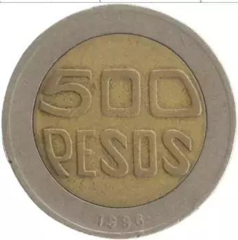 Монета 500 песо Колумбии 1996 года Биметалл