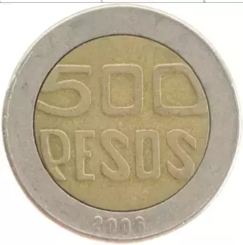 Монета 500 песо Колумбии 2006 года Биметалл