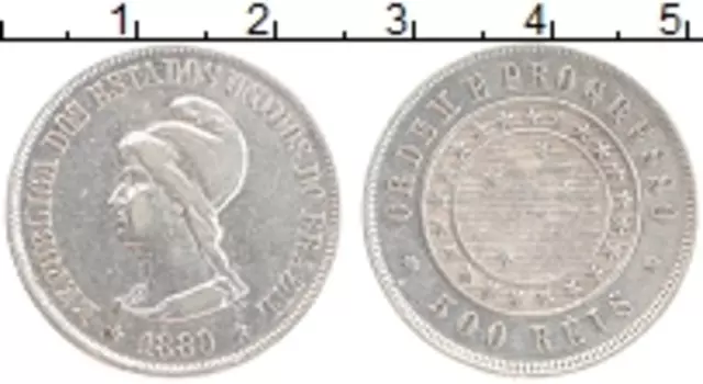 Монета 500 рейс Бразилии 1889 года Серебро