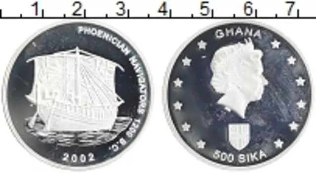 Монета 500 сика Ганы 2002 года Серебро Финикийские мореплаватели