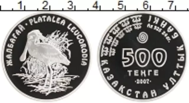 Монета 500 тенге Казахстана 2007 года Серебро Болотная птица семейства ибисовых - Колпица