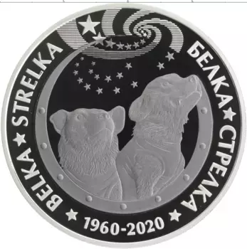 Монета 500 тенге Казахстана 2020 года Серебро 60 лет полета в космос Белки и Стрелки
