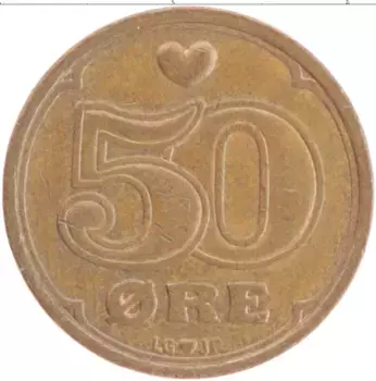 Монета 50 эре Дании 1990 года Бронза Маргрете II