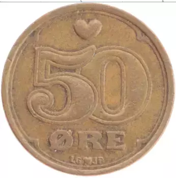 Монета 50 эре Дании 1990 года Бронза Маргрете II