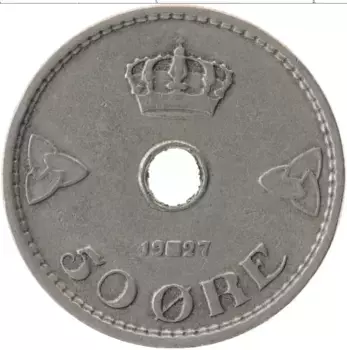 Монета 50 эре Норвегии 1927 года Медно-никель Хокон VII