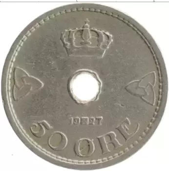 Монета 50 эре Норвегии 1927 года Медно-никель Хокон VII