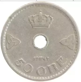 Монета 50 эре Норвегии 1947 года Медно-никель Хокон VII