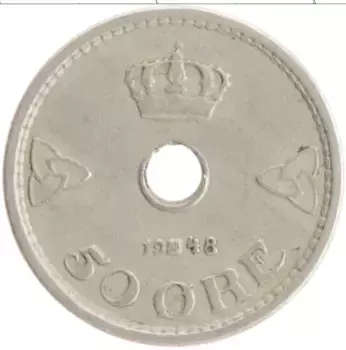Монета 50 эре Норвегии 1948 года Медно-никель Хокон VII