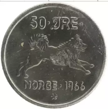 Монета 50 эре Норвегии 1966 года Медно-никель Олаф V