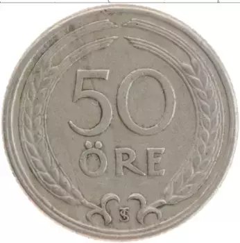 Монета 50 эре Швеции 1947 года Медно-никель Густав V