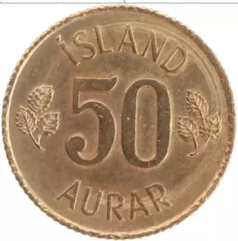 Монета 50 аурар Исландии 1970 года Латунь
