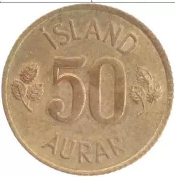 Монета 50 аурар Исландии 1970 года Латунь