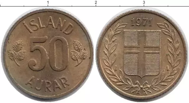 Монета 50 аурар Исландии 1971 года Латунь