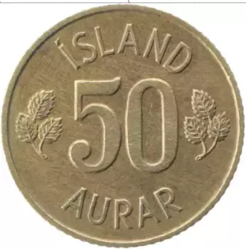 Монета 50 аурар Исландии 1971 года Латунь Герб