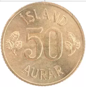Монета 50 аурар Исландии 1971 года Латунь
