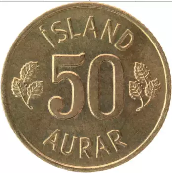 Монета 50 аурар Исландии 1973 года Латунь