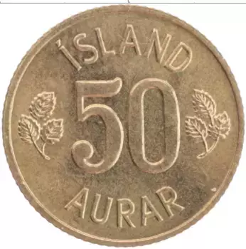 Монета 50 аурар Исландии 1973 года Латунь