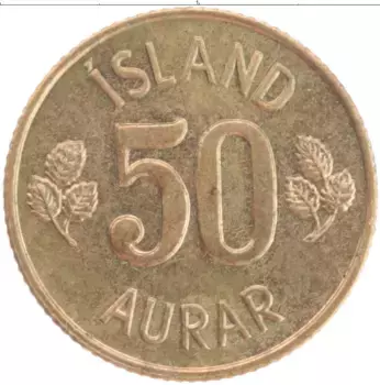 Монета 50 аурар Исландии 1973 года Латунь