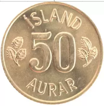 Монета 50 аурар Исландии 1974 года Латунь