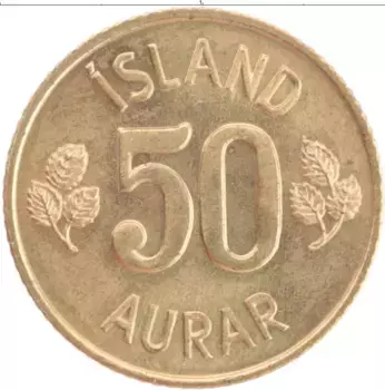 Монета 50 аурар Исландии 1974 года Латунь