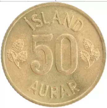Монета 50 аурар Исландии 1974 года Латунь