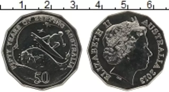 Монета 50 центов Австралии 2013 года Медно-никель 50 лет серфинга в Австралии
