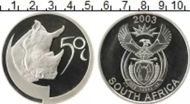Монета 50 центов Южно Африканской Республики 2003 года Серебро Носорог