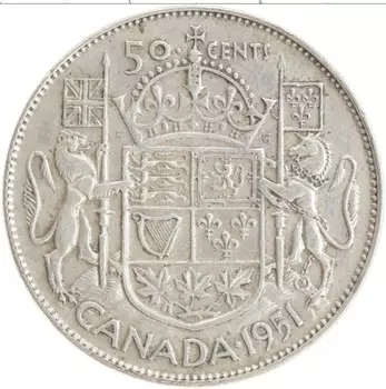 Монета 50 центов Канады 1951 года Серебро Георг VI