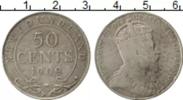 Монета 50 центов Ньюфаундленда 1909 года Серебро Эдвард VII