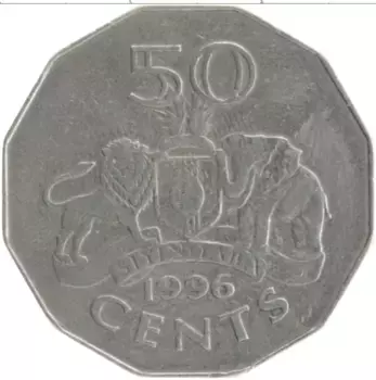 Монета 50 центов Свазиленда 1996 года Медно-никель Мсвати III