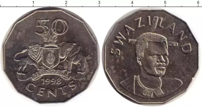 Монета 50 центов Свазиленда 1998 года Медно-никель Мсвати III