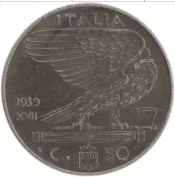 Монета 50 чентезимо Италии 1939 года Медно-никель Виктор Эммануил III