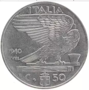 Монета 50 чентезимо Италии 1940 года Медно-никель Виктор Эммануил III