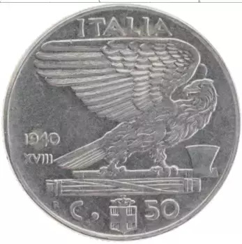 Монета 50 чентезимо Италии 1940 года Медно-никель Виктор Эммануил III