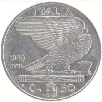 Монета 50 чентезимо Италии 1940 года Медно-никель Виктор Эммануил III