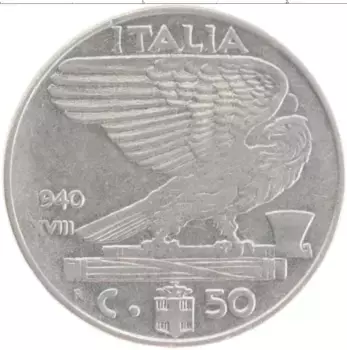 Монета 50 чентезимо Италии 1940 года Медно-никель Витторио Эмануил III