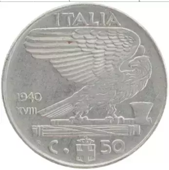 Монета 50 чентезимо Италии 1940 года Медно-никель Витторио Эммануил III
