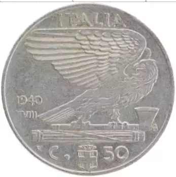 Монета 50 чентезимо Италии 1940 года Медно-никель Витторио Эммануил III