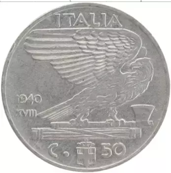 Монета 50 чентезимо Италии 1940 года Медно-никель Витторио Эммануил III