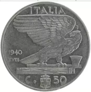 Монета 50 чентезимо Италии 1940 года Железо Витторио Эммануил III