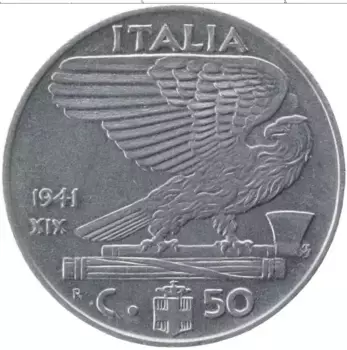 Монета 50 чентезимо Италии 1941 года Медно-никель Витторио Эммануил III